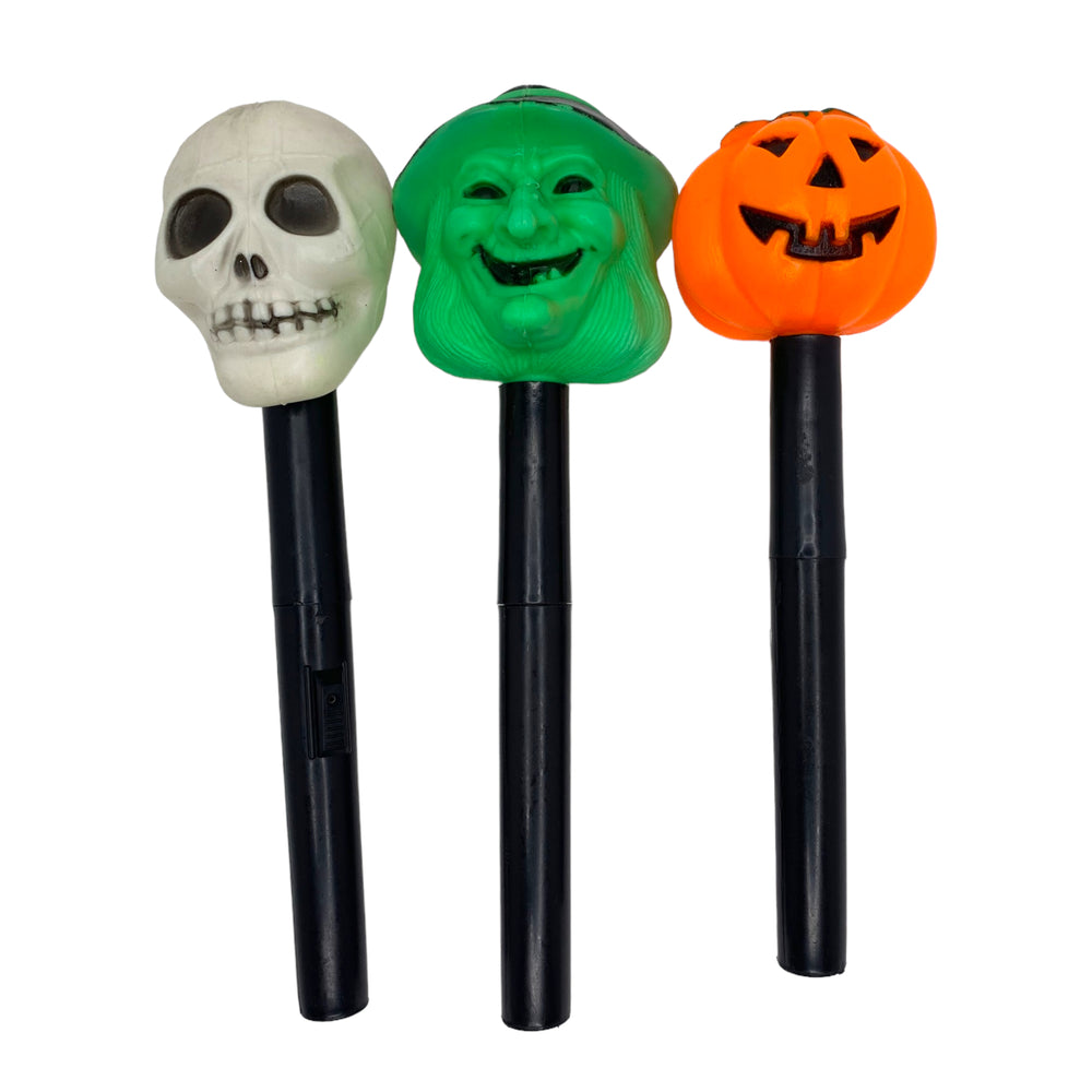 Vintage Halloween Blow Mold Flash Lights - One Green Witch, One Skull and One Jack O' Lantern