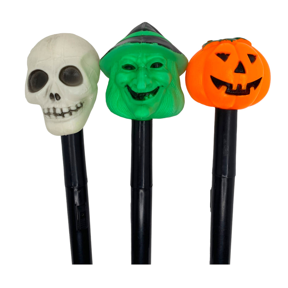 
            
                Load image into Gallery viewer, Vintage Halloween Blow Mold Flash Lights - One Green Witch, One Skull and One Jack O&amp;#39; Lantern
            
        