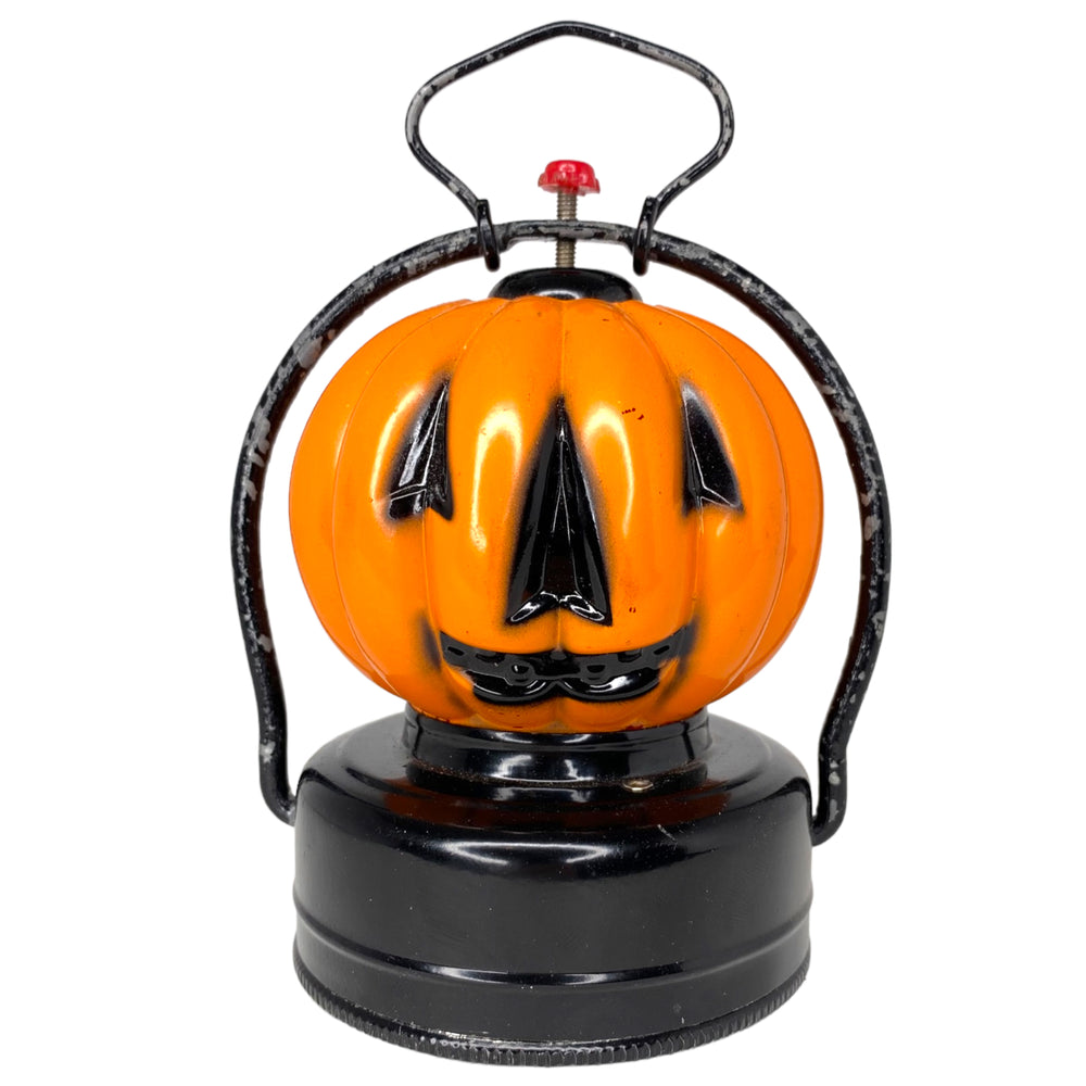 Vintage Halloween Battery Operated Glass Double Sided Pumpkin Lantern 1960s