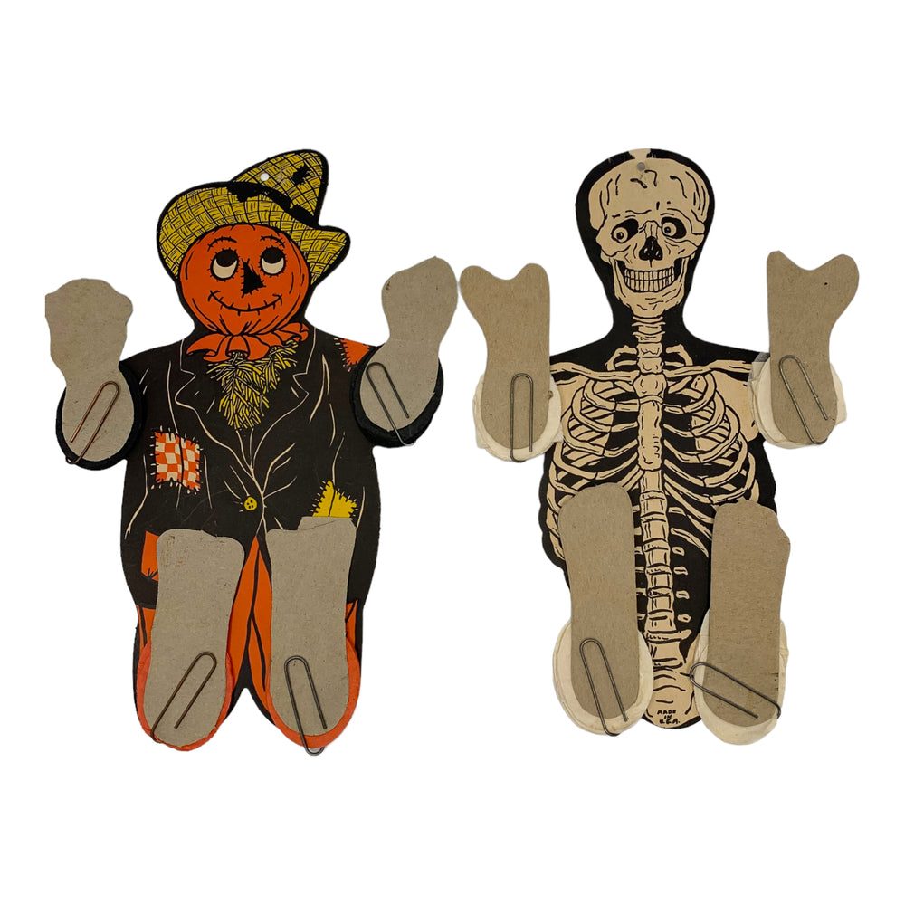 Vintage Halloween Beistle Dancer Decorations, Set of 2 - Skeleton & Scarecrow