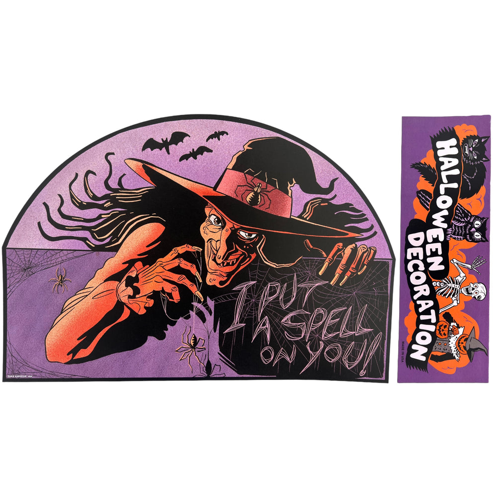 
            
                Load image into Gallery viewer, Eerie Emporium&amp;#39;s Jumbo Wicked Witch Halloween Die Cut - A sinister orange witch controls spiders to write in their web &amp;quot;I PUT A SPELL ON YOU!&amp;quot;
            
        