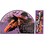 Eerie Emporium's Jumbo Wicked Witch Halloween Die Cut - A sinister orange witch controls spiders to write in their web "I PUT A SPELL ON YOU!"