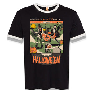 Frankenstein, Dracula and a werewolf play guitars and drums together on this t-shirt that reads, "prepare to be terrified with the sounds of Hallowe'en"
