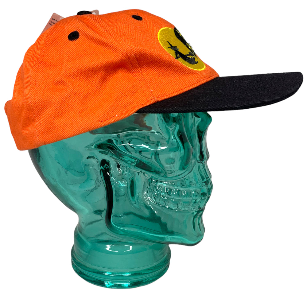 
            
                Load image into Gallery viewer, Orange Happy Halloween Hat with Witch and moon on it.
            
        