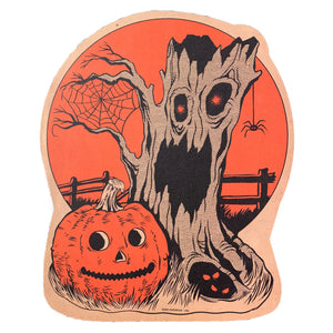 A spooky Tree, a large jack o' lantern, a spider and spider web and wooden fence make up this Spooktacular design. 