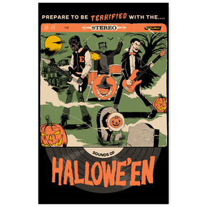 
            
                Load image into Gallery viewer, Frankenstein, Dracula and a werewolf play guitars and drums together on this poster that reads, &amp;quot;prepare to be terrified with the sounds of Hallowe&amp;#39;en&amp;quot;
            
        