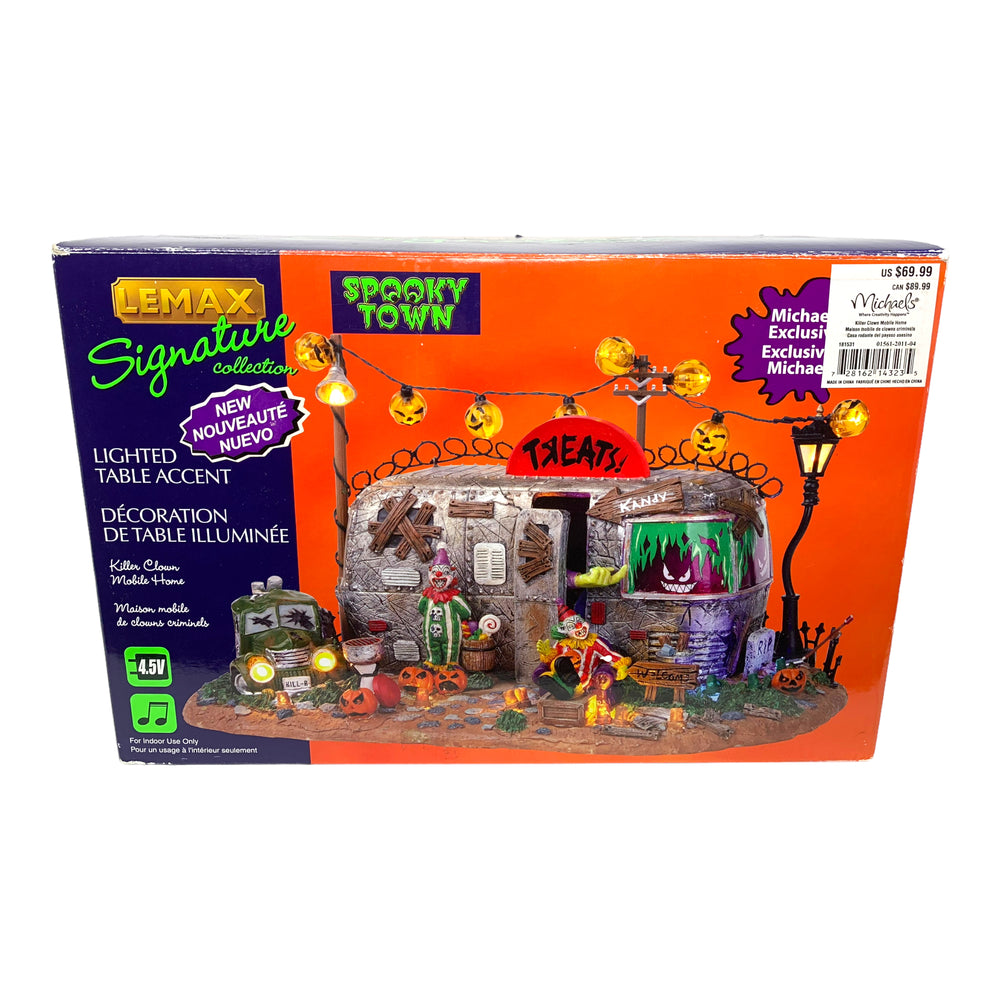 Retired Lemax Spooky Town Killer Clown Mobile Home #14323 - A mobile home is crawling in sinister, scary clowns and jack o lanterns.