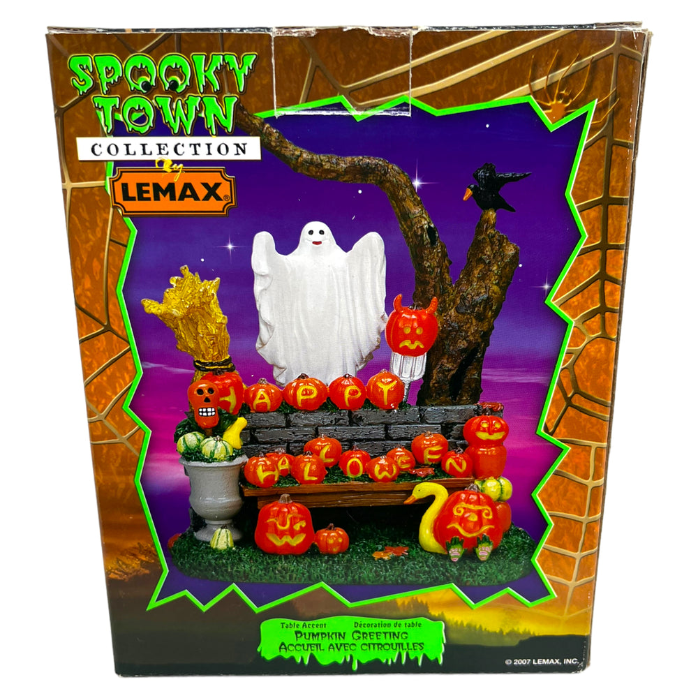 
            
                Load image into Gallery viewer, Retired Lemax Spooky Town Pumpkin Greeting #73604. Has Ghost, Jack o&amp;#39; lanterns and is a classic Halloween Village Table Accent. 
            
        