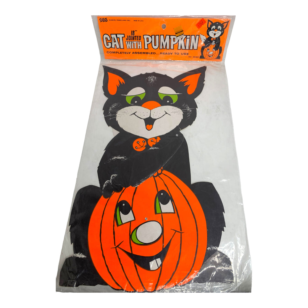 Vintage Halloween Eureka 18" Jointed Black Cat & Pumpkin Die Cut in Package from the 1970s/1980s