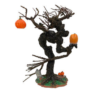 Retired Lemax Spooky Town Witch Tree Pumpkins #93736 - a wicked, withered tree is covered in jack o lanterns and spider webs.