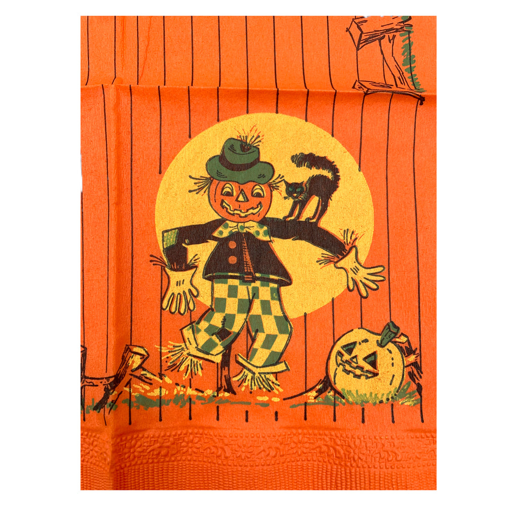 Vintage Halloween Napkin with Scarecrow, Black Cat and Jack o' lantern
