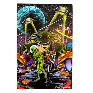 
            
                Load image into Gallery viewer, A poster of a pumpkin monster and his good friend a green alien, fight off a giant monster alien with their phaser guns. In the background are UFOs and planets. The surface of the planet they&amp;#39;re fighting on is covered in jack o&amp;#39; lanterns and colorful mushrooms.
            
        