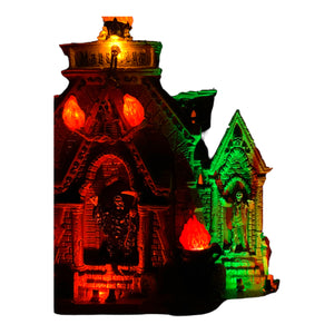 Retired Lemax Spooky Town All Hallows Mausoleum #35491 - A creepy crypt is full of skeletons and ghouls. flames illuminate the building. 