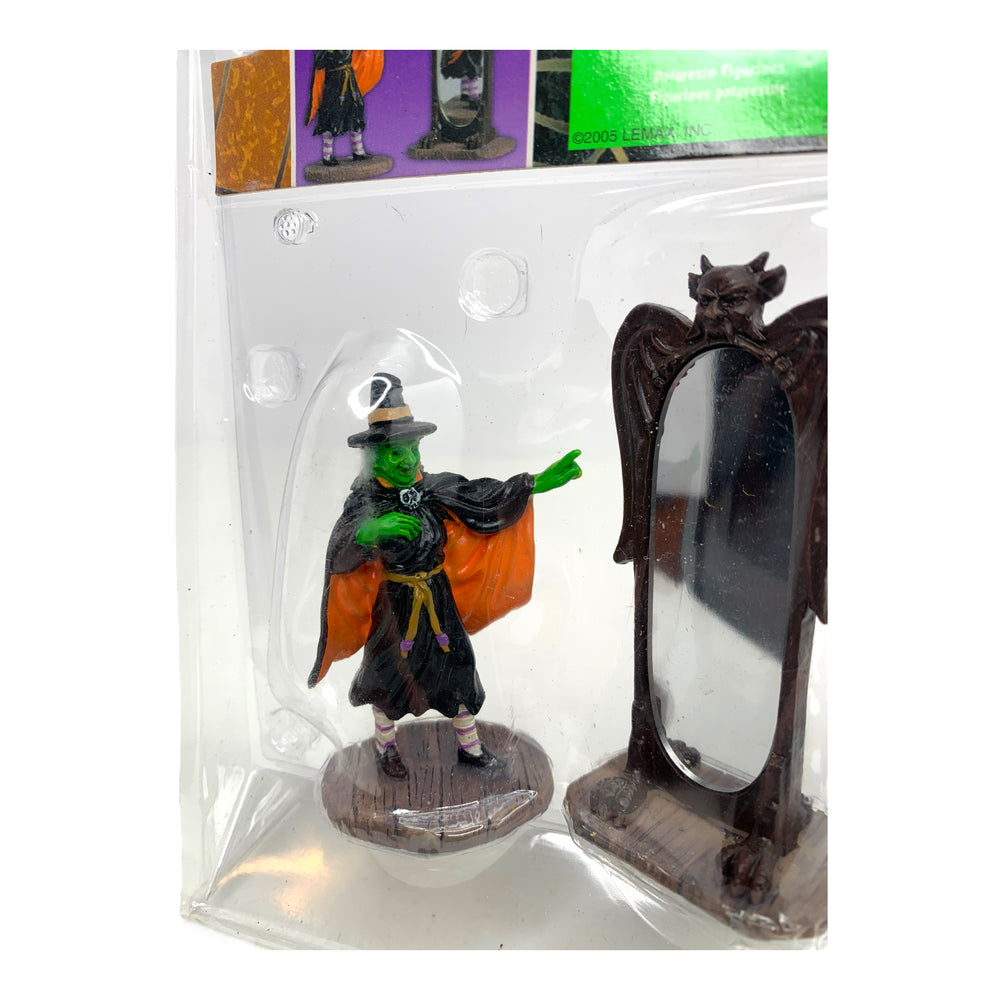 
            
                Load image into Gallery viewer, Retired Lemax Spooky Town Mirror Mirror #52103 - A green witch stares into a gothic looking mirror.
            
        