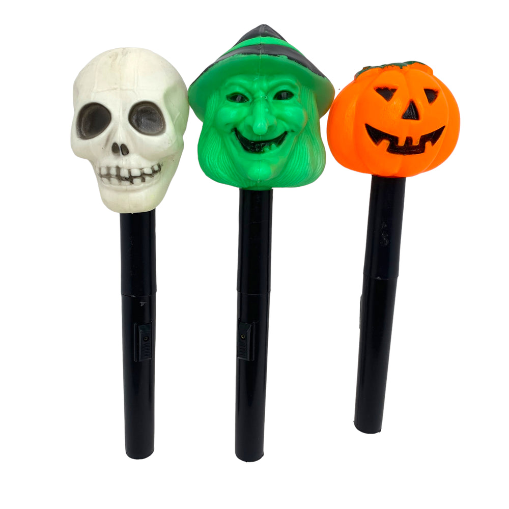Vintage Halloween Blow Mold Flash Lights - One Green Witch, One Skull and One Jack O' Lantern